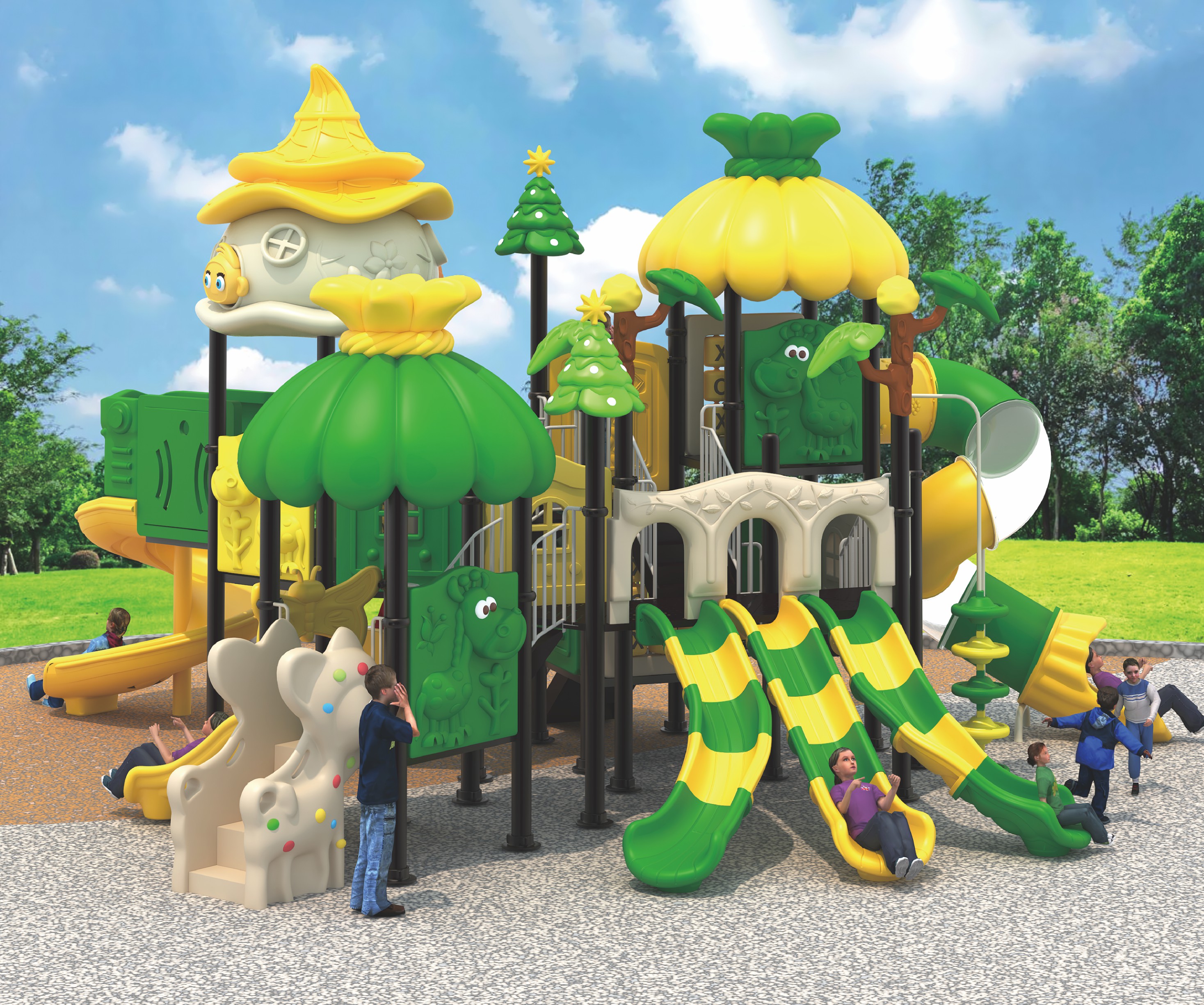 Kids Outdoor Jungle Gym With Slide - Forest Theme Garden Outdoor Playground Equipment